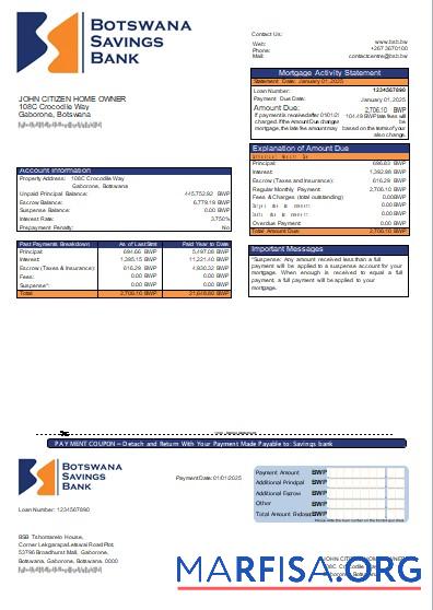 Realistic Botswana Savings bank mortgage statement scr template